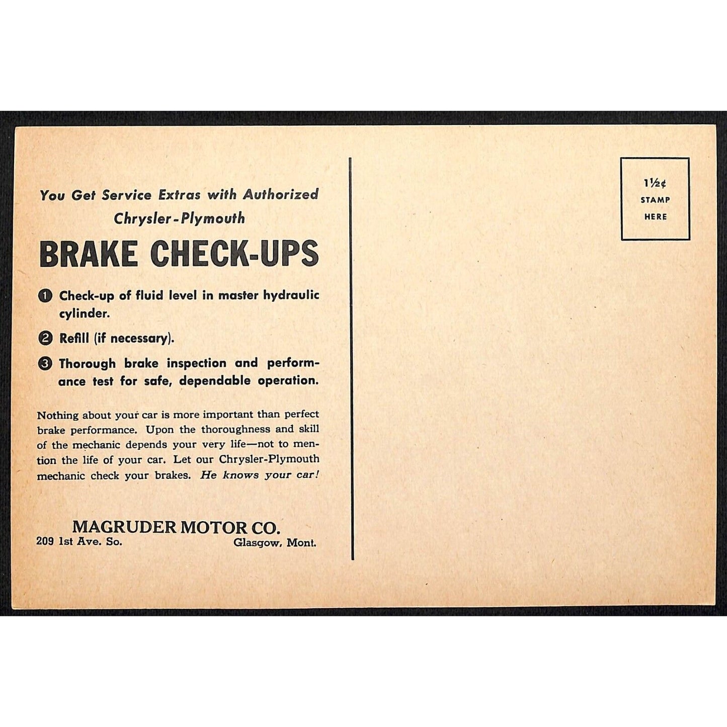 Magruder Motor Chrysler Plymouth Glasgow, MT Funny Brakes Check-Up Lg Postcard