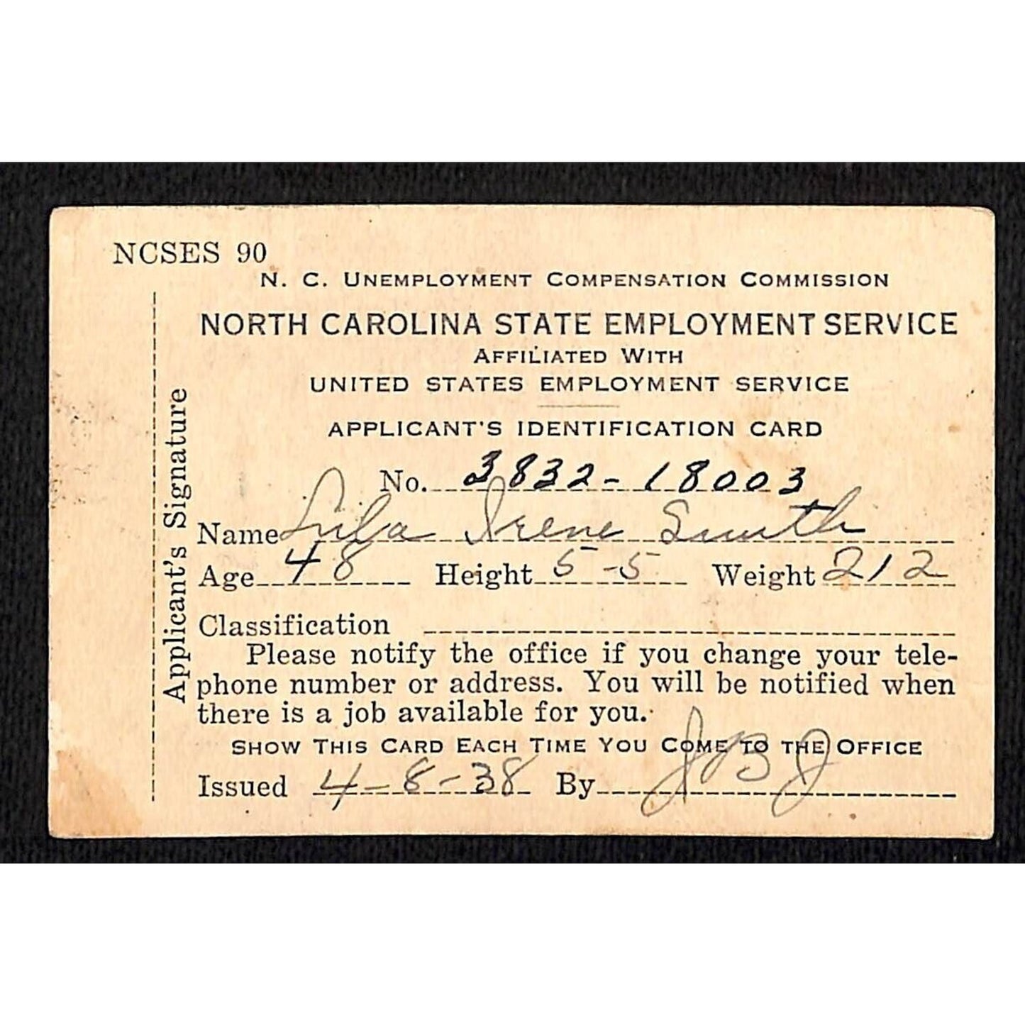 1938 North Carolina State Employment Service Applicant's ID Card