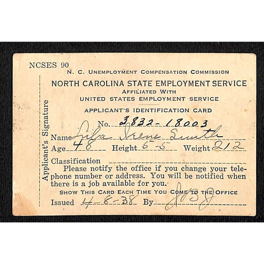 1938 North Carolina State Employment Service Applicant's ID Card