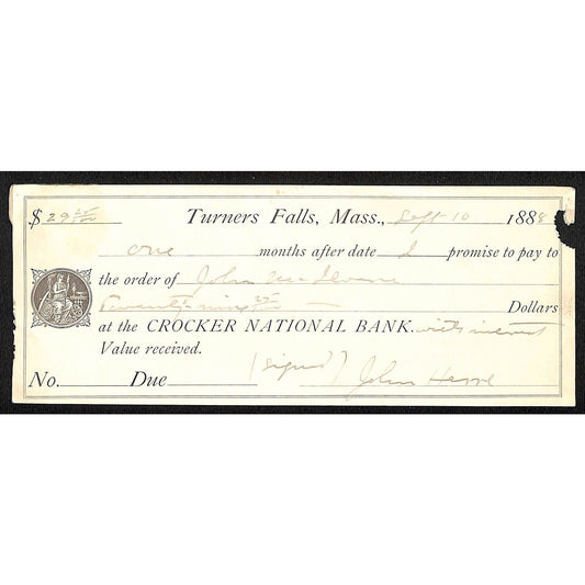 1888 Crocker National Bank Turner's Falls, MA Promissory Note for $29.25 Scarce