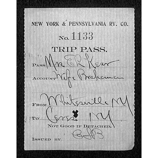 New York & Pennsylvania Ry c1917 Trip Pass Ticket Stub w/Hand Writing #1133