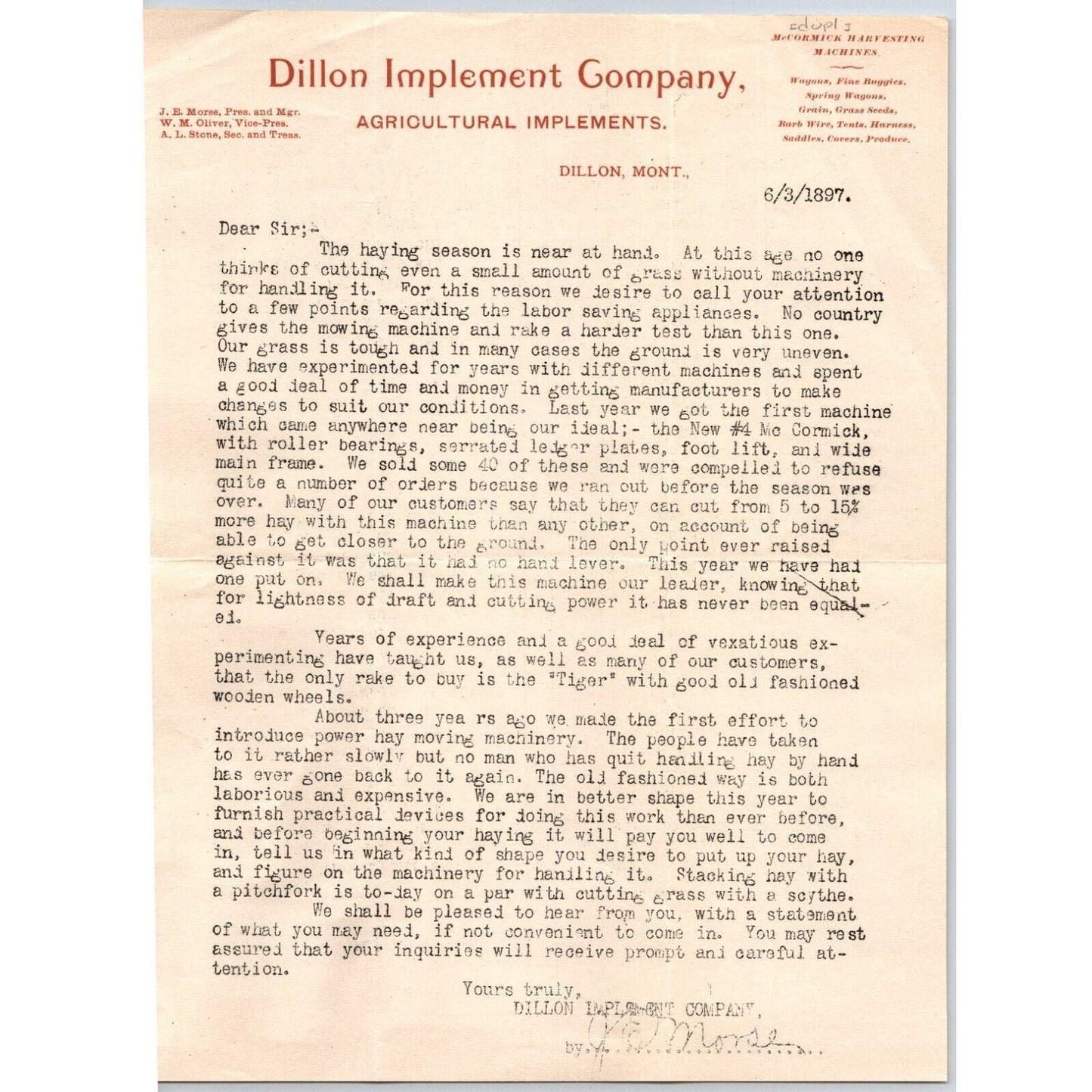 Dillon, MT Dillon Implement Company Agricultural 1897 Letterhead