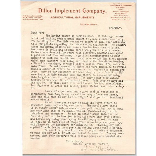 Dillon, MT Dillon Implement Company Agricultural 1897 Letterhead