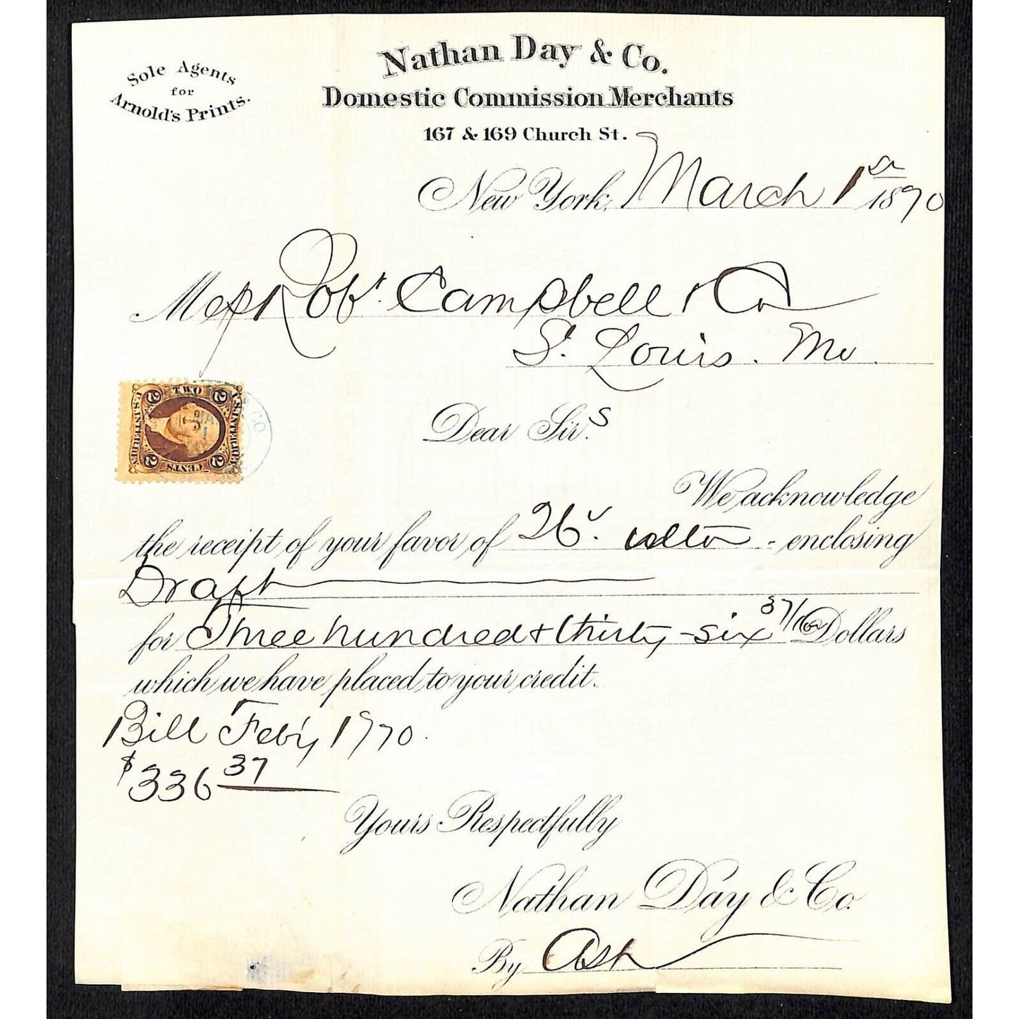Nathan Day & Co. Merchants Church St. NYC 1870 Receipt w/ Tax Stamp