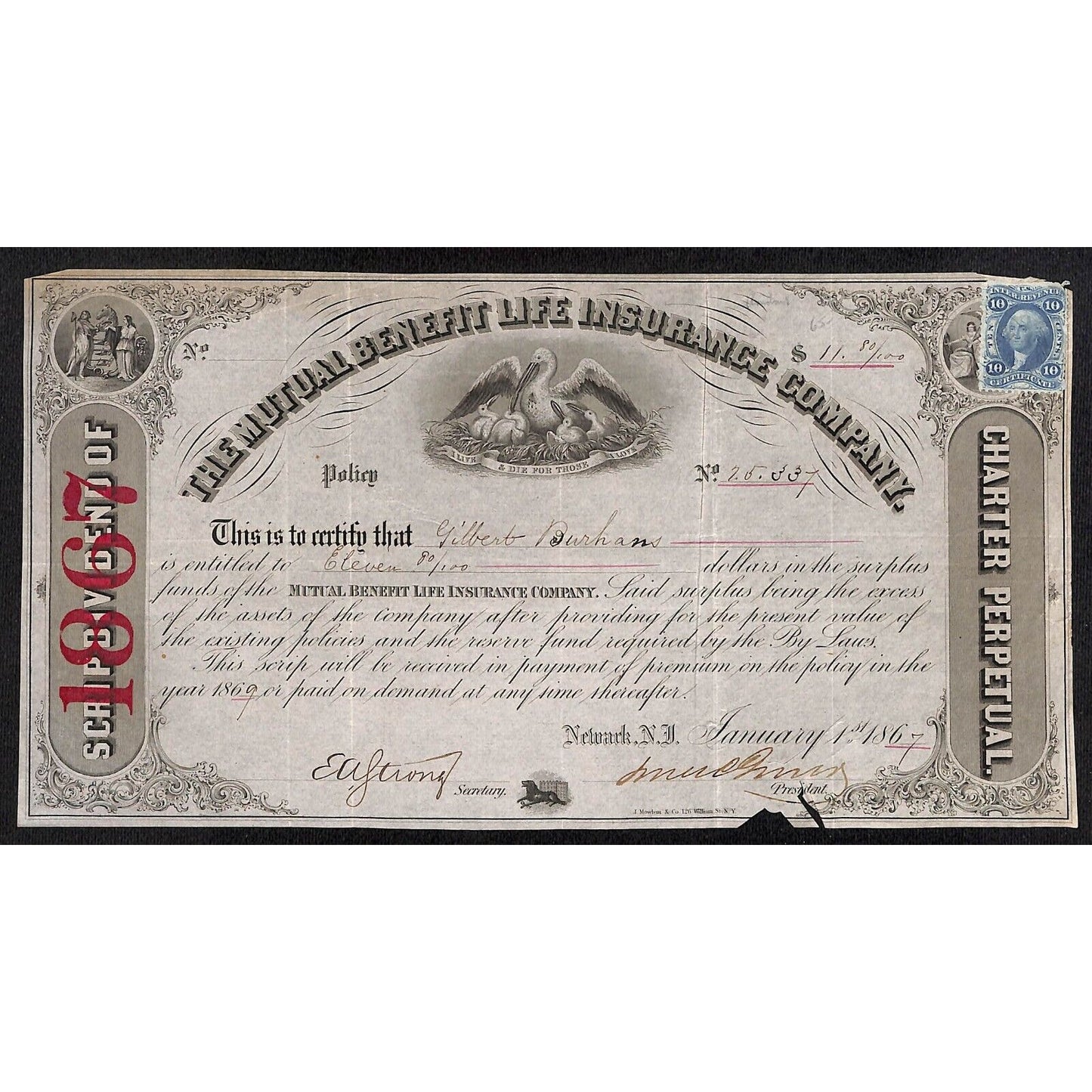 Mutual Benefit Life Insurance Co. 1867 Stock Certificate to Gilbert Burhans