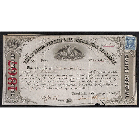 Mutual Benefit Life Insurance Co. 1867 Stock Certificate to Gilbert Burhans