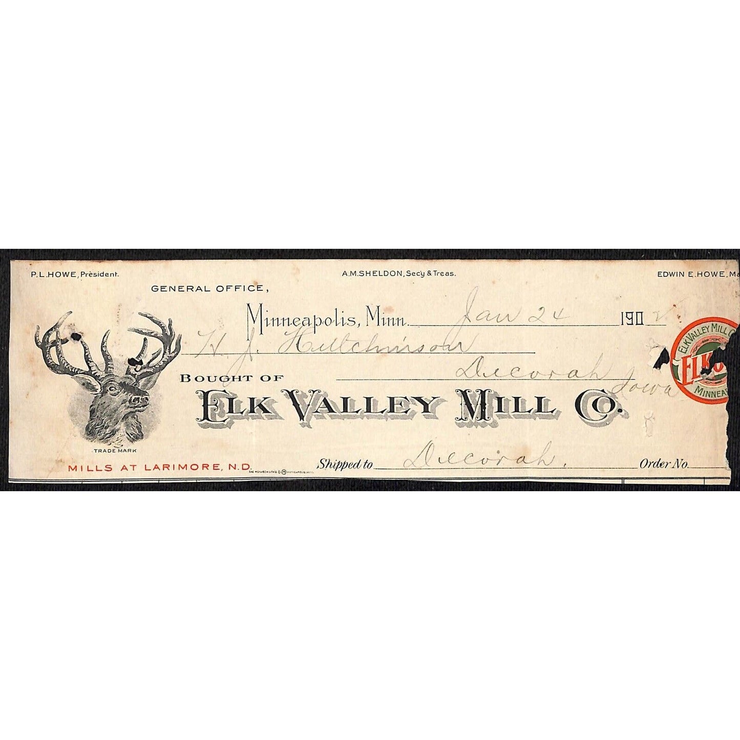 Elk Valley Mill Co Minneapolis, MN HJ Hutchinson Decorah IA* Cut 1902 Billhead