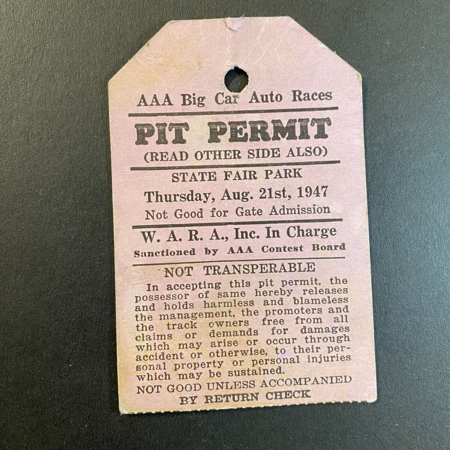 1947 State Fair Park AAA Big Car Auto Races Pit Permit Stub 8/21 1947 Scarce