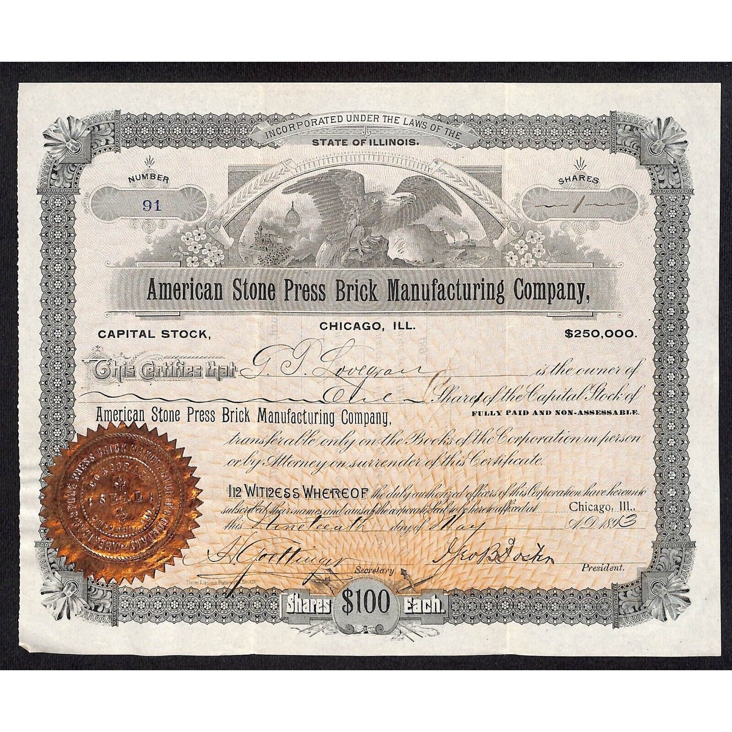 American Stone Press Brick Mfg. Co. Chicago 1893 Stock Certificate JT Lovegrove?