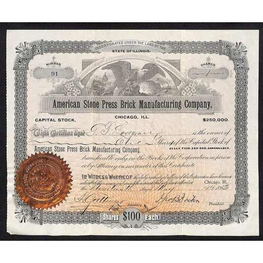 American Stone Press Brick Mfg. Co. Chicago 1893 Stock Certificate JT Lovegrove?