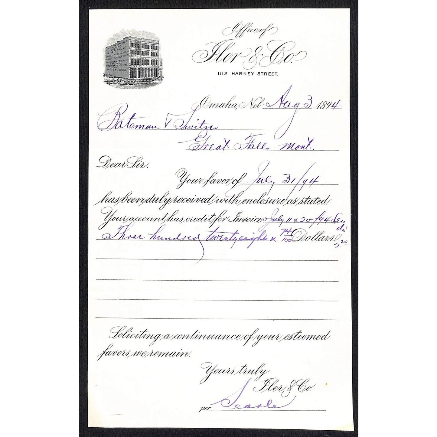 Iler & Co. (Alcohol) Omaha, NE 1894 Receipt to Bateman & Switzer Great Falls, MT