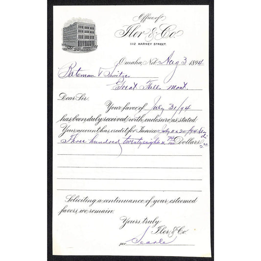 Iler & Co. (Alcohol) Omaha, NE 1894 Receipt to Bateman & Switzer Great Falls, MT