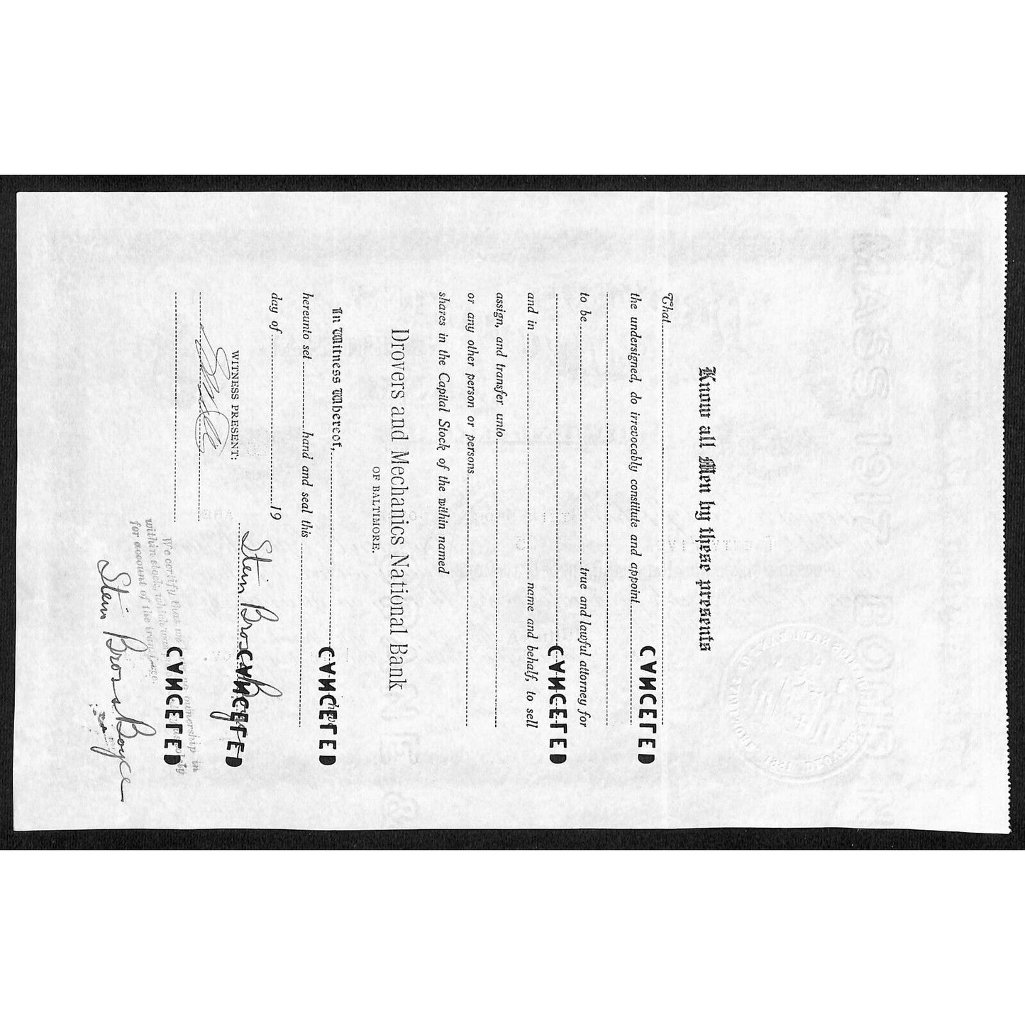 Drovers and Mechanics National Bank 1929 Stock Certificate - Stein Bros. & Boyce