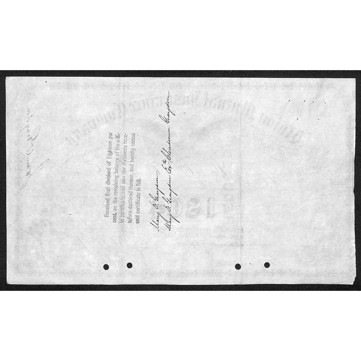 Union Mutual Insurance NY 1864 "Certificate of Profits" to Mary E. Graydon
