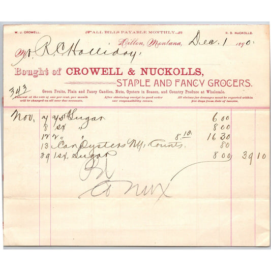 Dillon MT Crowell & Nuckolls Dec. 1890 Billhead Fancy Groceries R.C. Halliday*