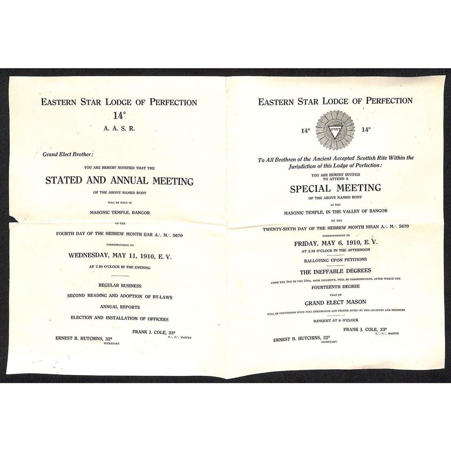 Bangor Masonic Temple / Rose Croix 1910 Special Meeting Notices - Knowlton*