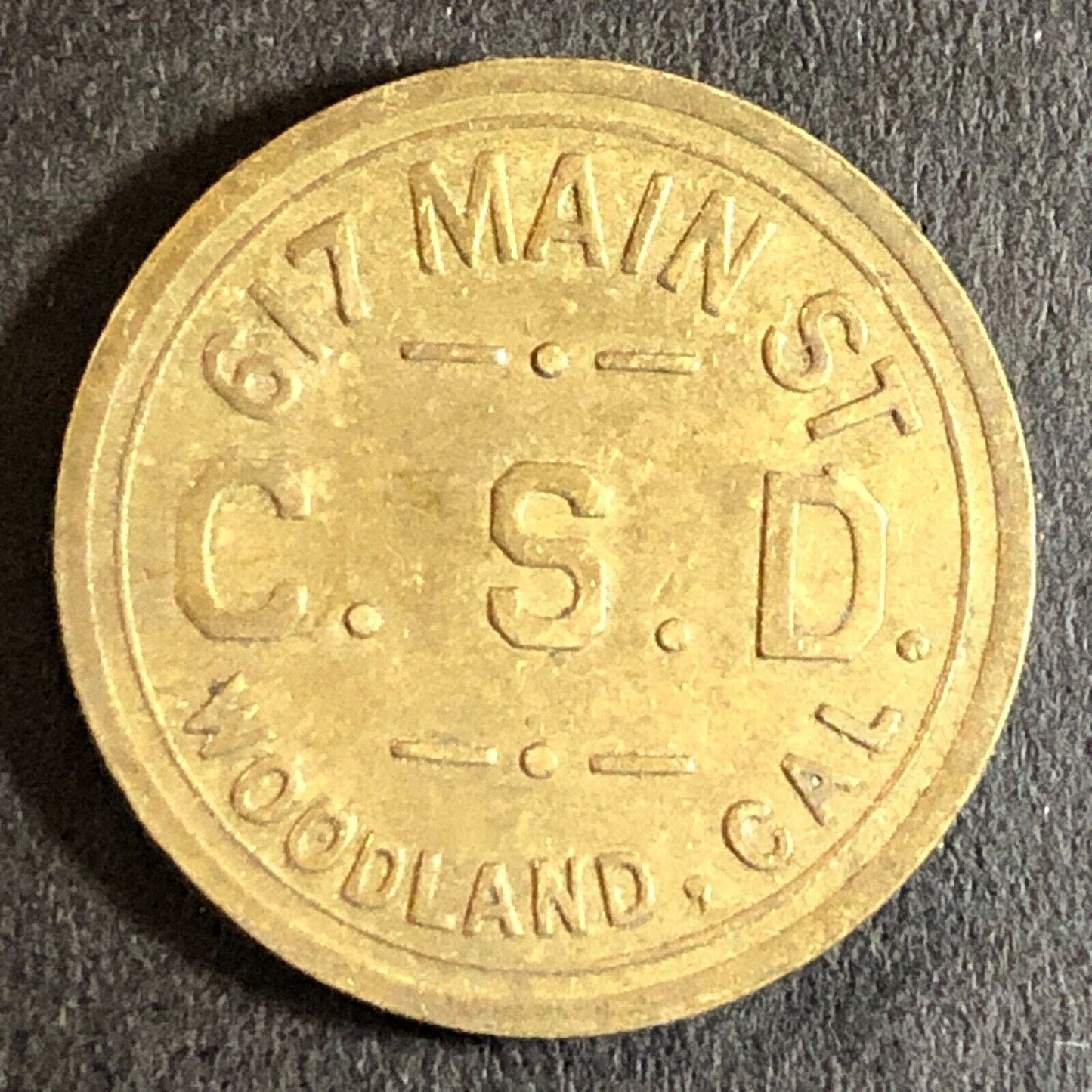 G/F 5c Charles Dunlap Cigars C.S.D. c1920's Brass Trade Token 21mm Woodland CA