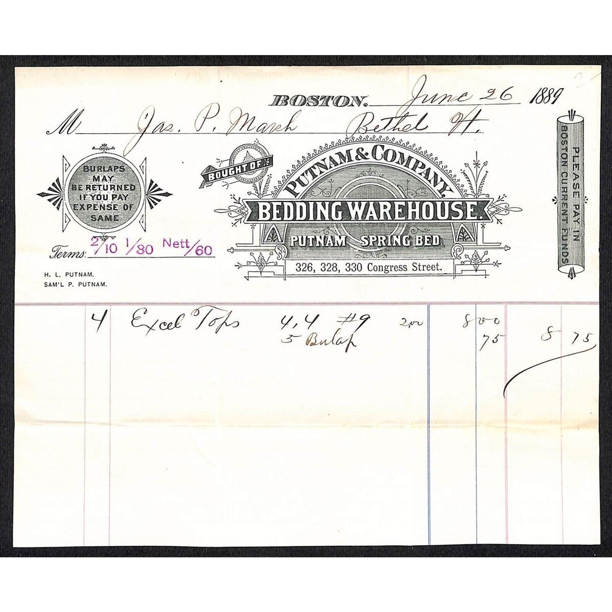 Putnam & Company Bedding Spring Bed 1889 Billhead to J.P. Marsh Bethel, VT*