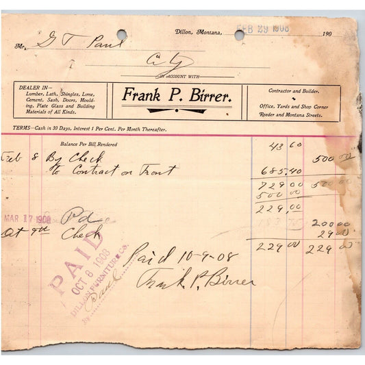 Dillon, MT Frank P. Birrer Leather Lath Lime Building 1908 Billhead G.T. Paul*