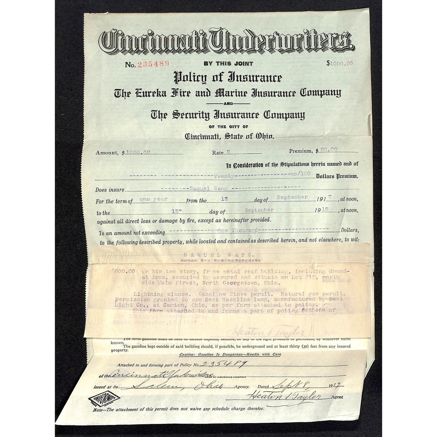 Heaton & Taylor / Eureka Fire Insurance Samuel Wang Co* N. Georgetown 1917