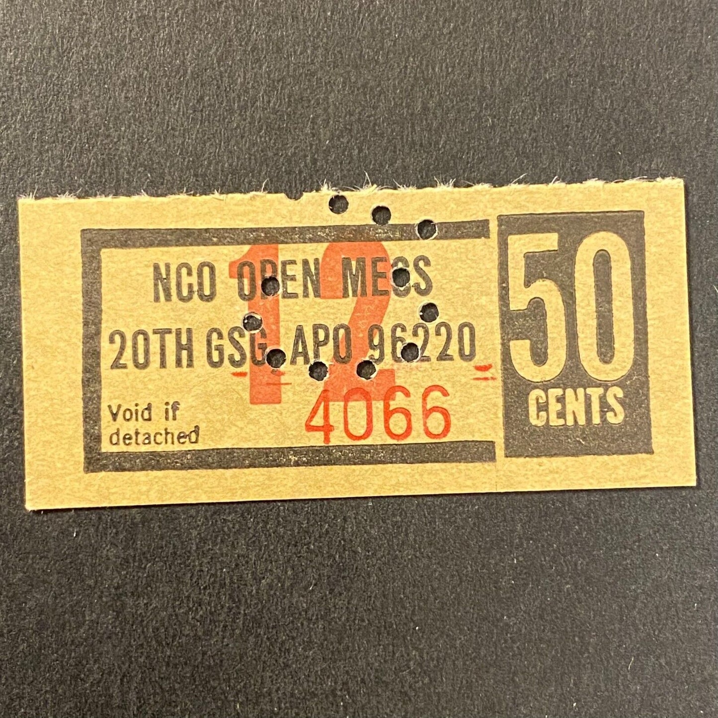 Bupyeong, Korea 20th GCG APO 96220 NCO Open Mess 50c Coupon c1970
