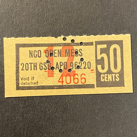 Bupyeong, Korea 20th GCG APO 96220 NCO Open Mess 50c Coupon c1970