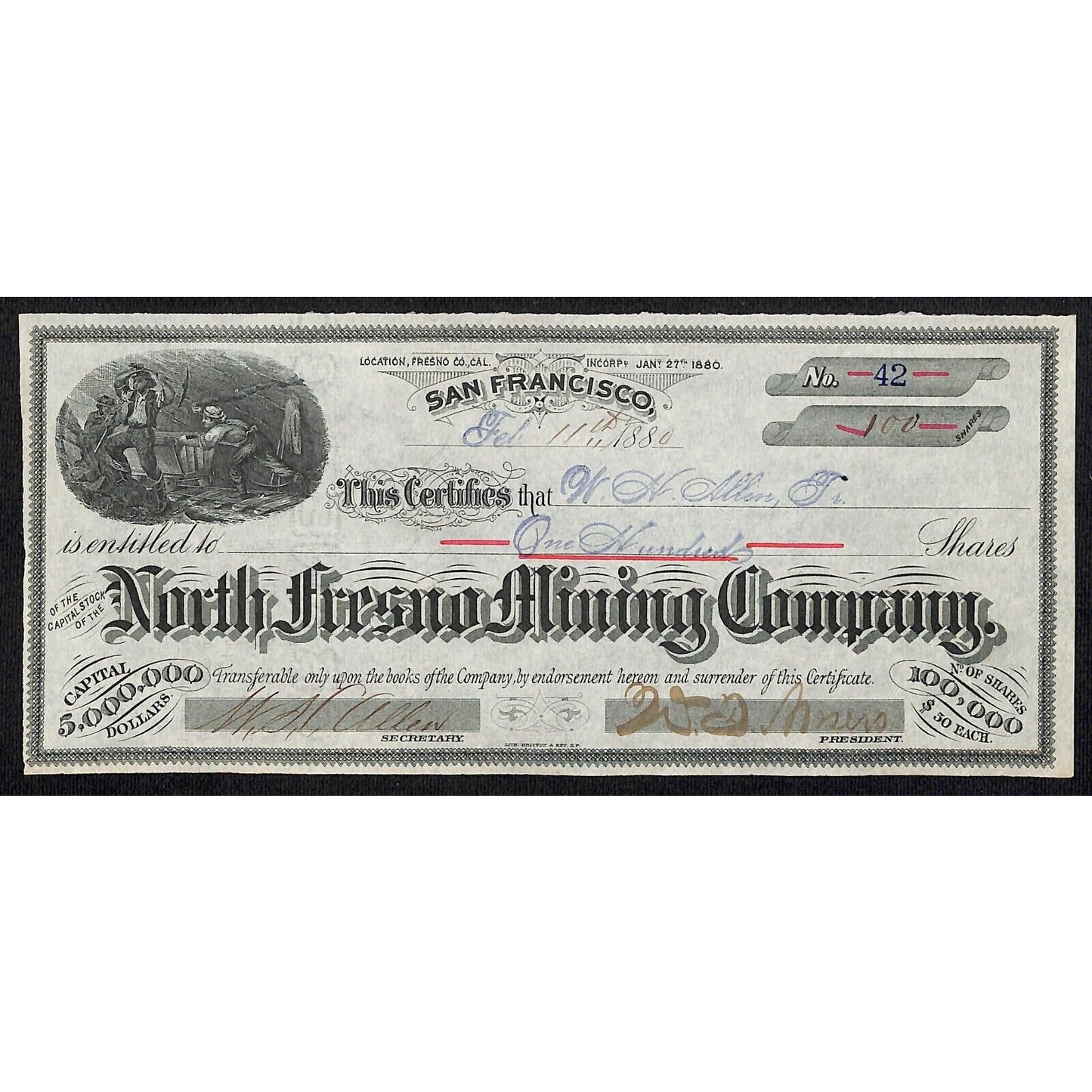 North Fresno Mining Company San Francisco 1880 Stock Certificate Scarce