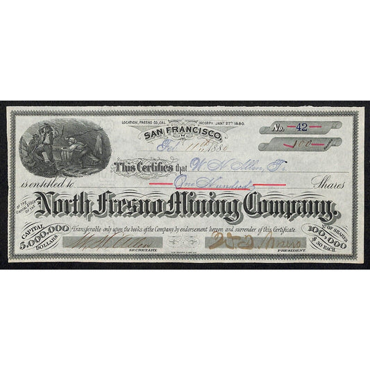 North Fresno Mining Company San Francisco 1880 Stock Certificate Scarce