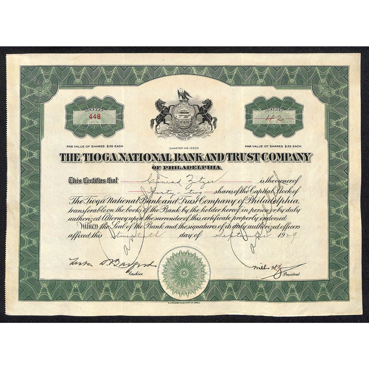 Tioga National Bank Trust Philadelphia 1929 Stock Certificate to Conrad Zitzer