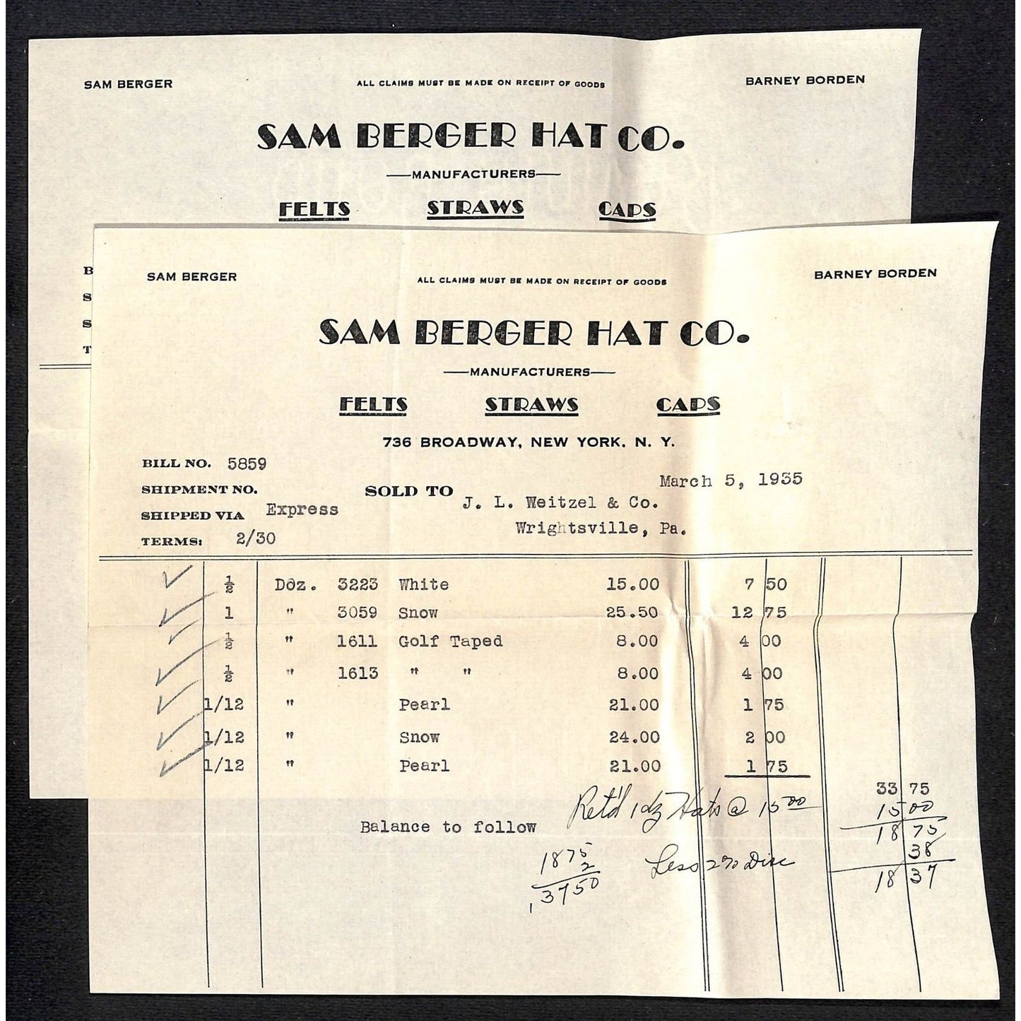 Sam Burger Hat Co. 736 Broadway NYC / Weitzel 1935 5 Billheads+ Cover