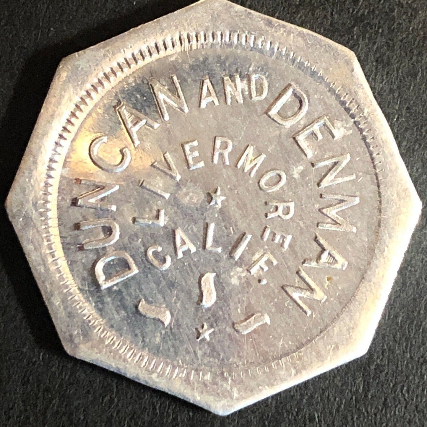 Duncan and Denman Livermore CA Cigars? Trade Token Alum G/F 12 1/2¢ 25mm VGC