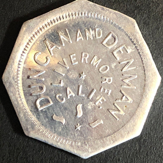 Duncan and Denman Livermore CA Cigars? Trade Token Alum G/F 12 1/2¢ 25mm VGC