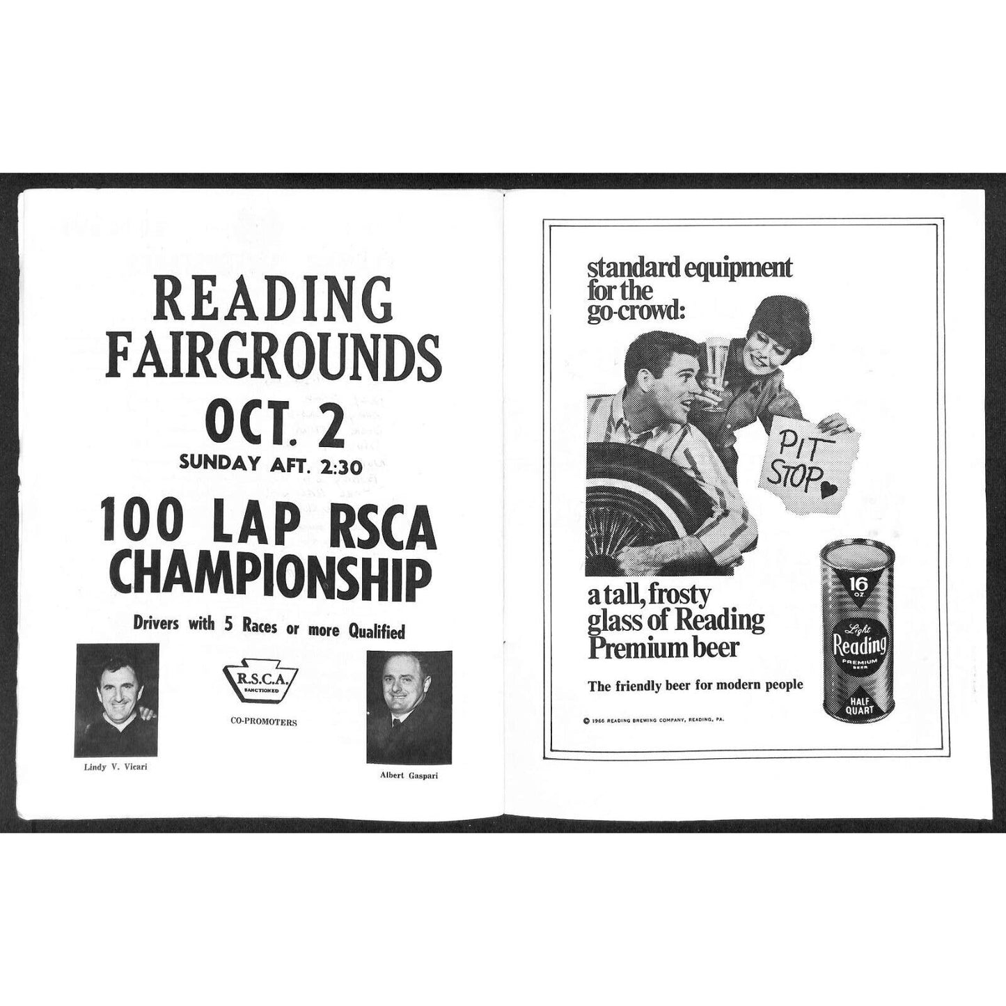 Reading Fairgrounds 1966 USAC Auto Races Program Sprint Car 8pp* Mario / Unser
