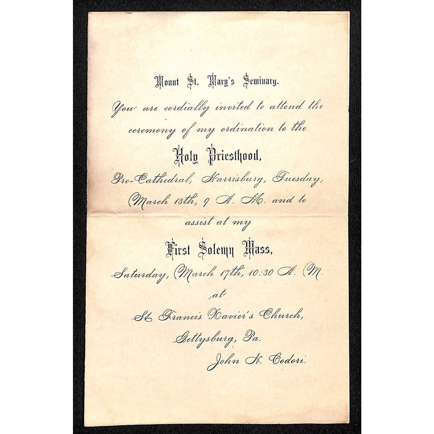 1893 John Codori Mount St. Mary's Seminary Priesthood Ordination Invitation