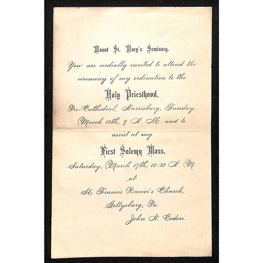 1893 John Codori Mount St. Mary's Seminary Priesthood Ordination Invitation