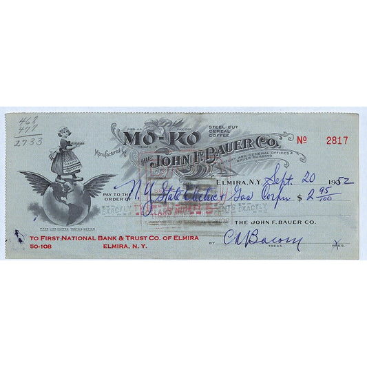 John F. Bauer Co. Elmira, NY 1952 Bank Check Winged Globe Girl Coffee Vignette