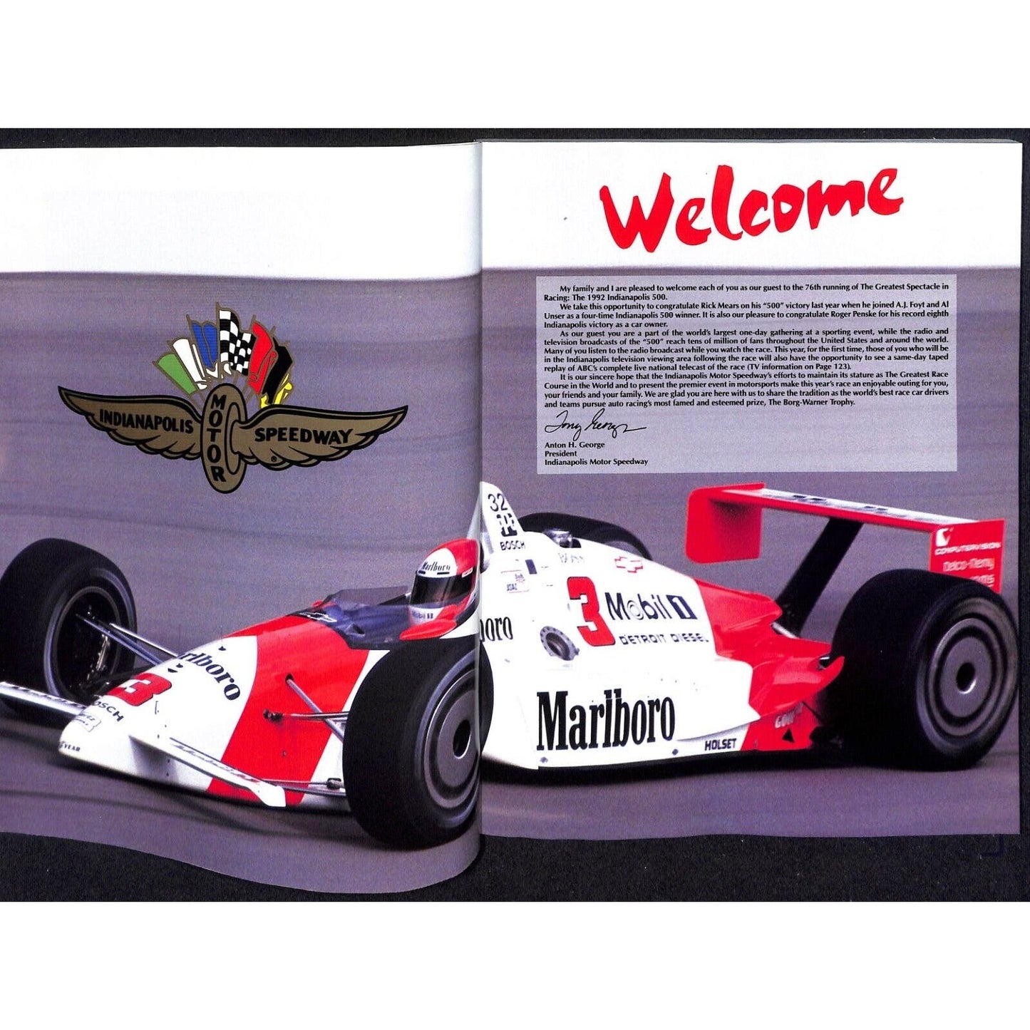 1992 Indianapolis 500 Program Racing VGC 207pp 1lb 2oz