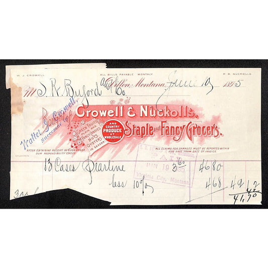 Dillon, MT Crowell & Nuckolls Staple & Fancy Grocers 1895 Billhead Buford*