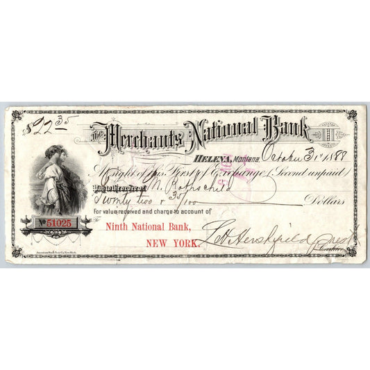 Merchants National Bank, Helena 1888 First of Exchange Bank Check M. Rothschild