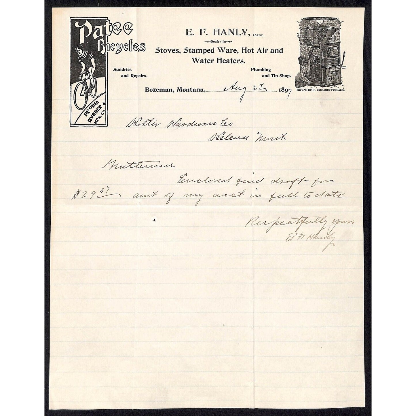 1897 Bozeman, MT E.F. Hanly Stoves Hot Air and Water Heaters Letterhead Vignette