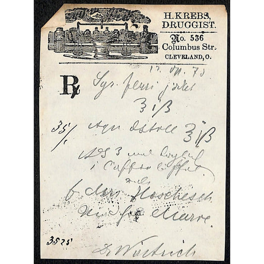H. Krebs, Druggist Columbus St. Cleveland c1870's* Prescription #3525