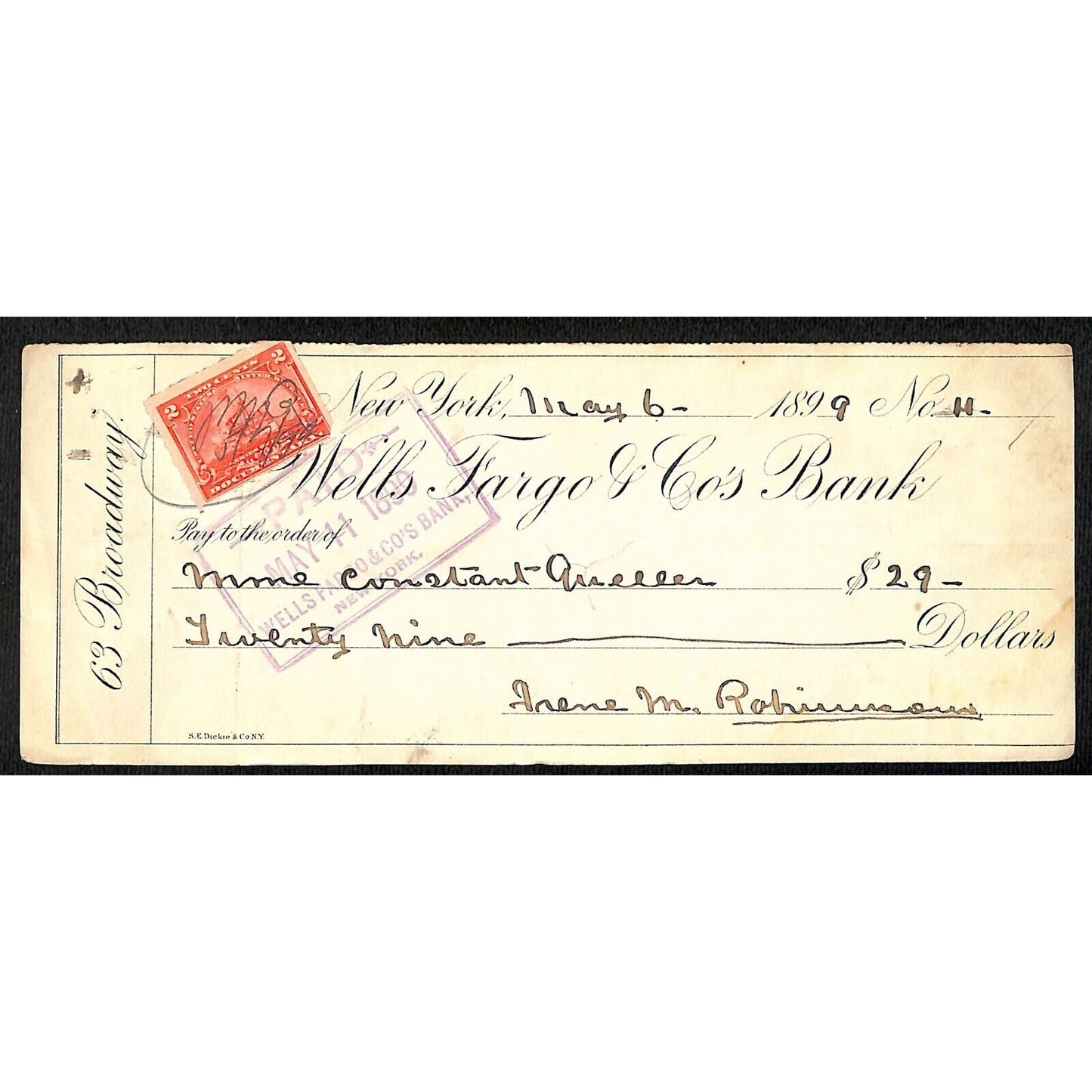 1899 Wells Fargo & Co Bank 63 Broadway NYC Check #11 Rev Stamp Constant Queller*