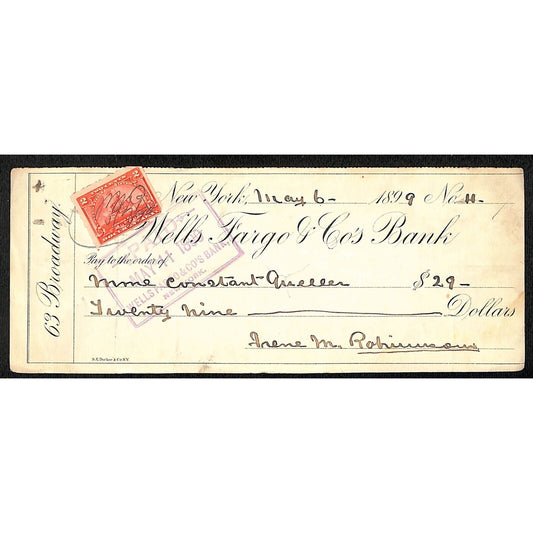 1899 Wells Fargo & Co Bank 63 Broadway NYC Check #11 Rev Stamp Constant Queller*