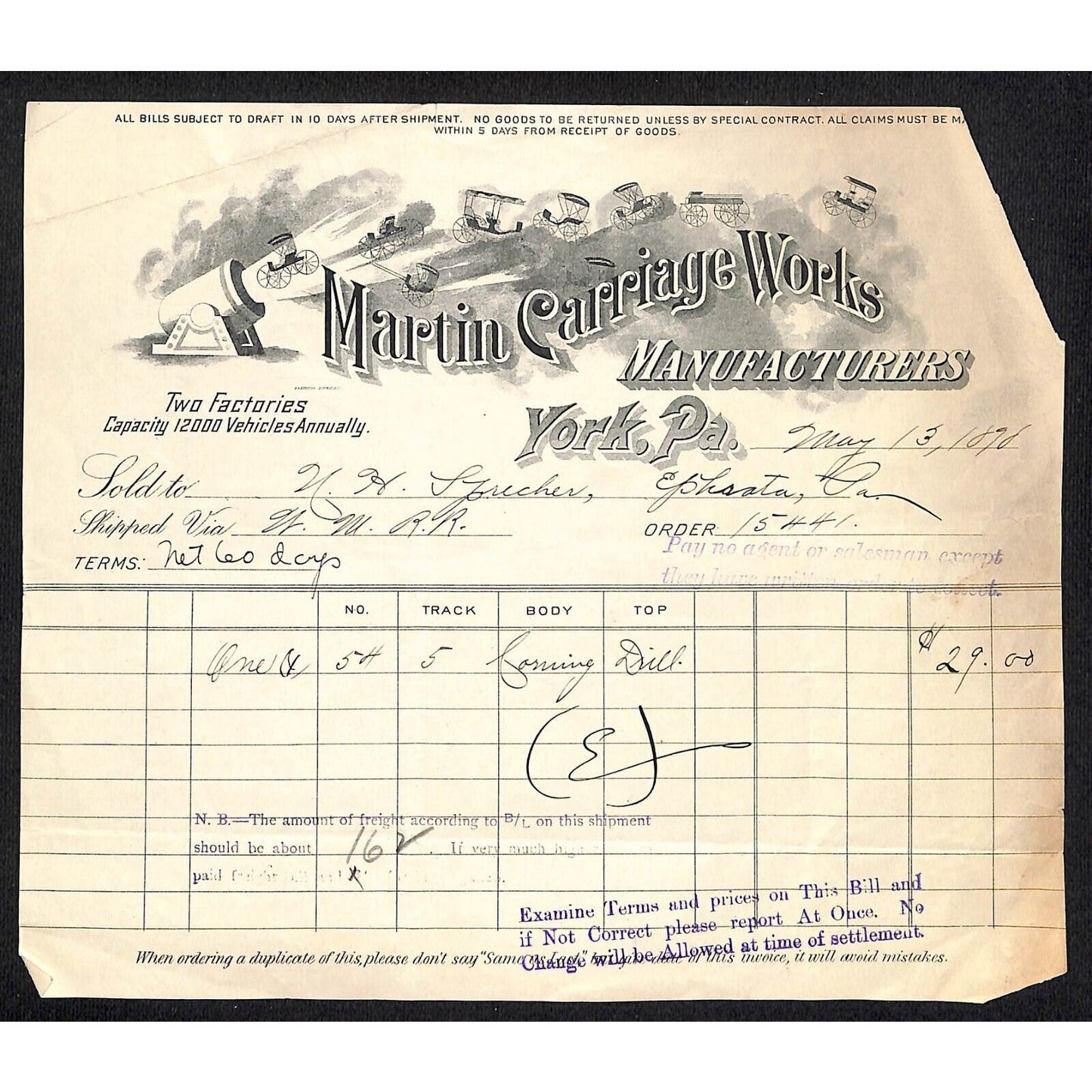 Martin Carriage Works York, PA 1898 Billhead for Farming Drill?