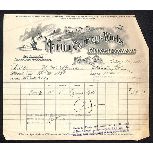 Martin Carriage Works York, PA 1898 Billhead for Farming Drill?