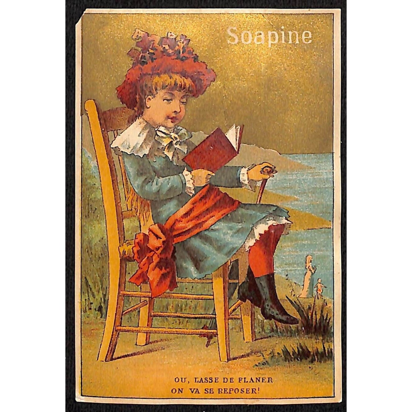 Soapine Victorian Trade Card Girl in Chair Reads Book - Crease