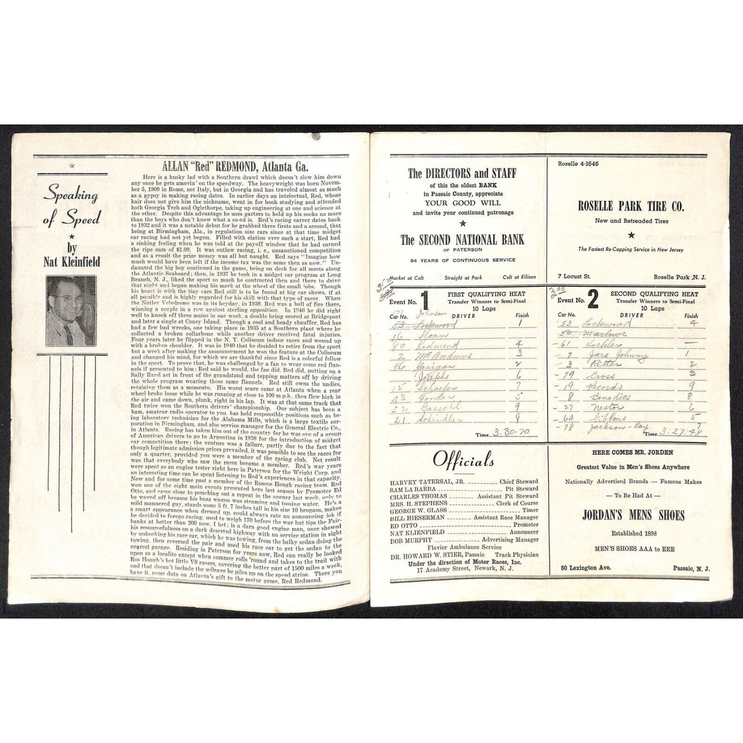 Hinchliffe Stadium Midget Auto Races 4/28/1946 Program Allan "Red" Redmond 4pp