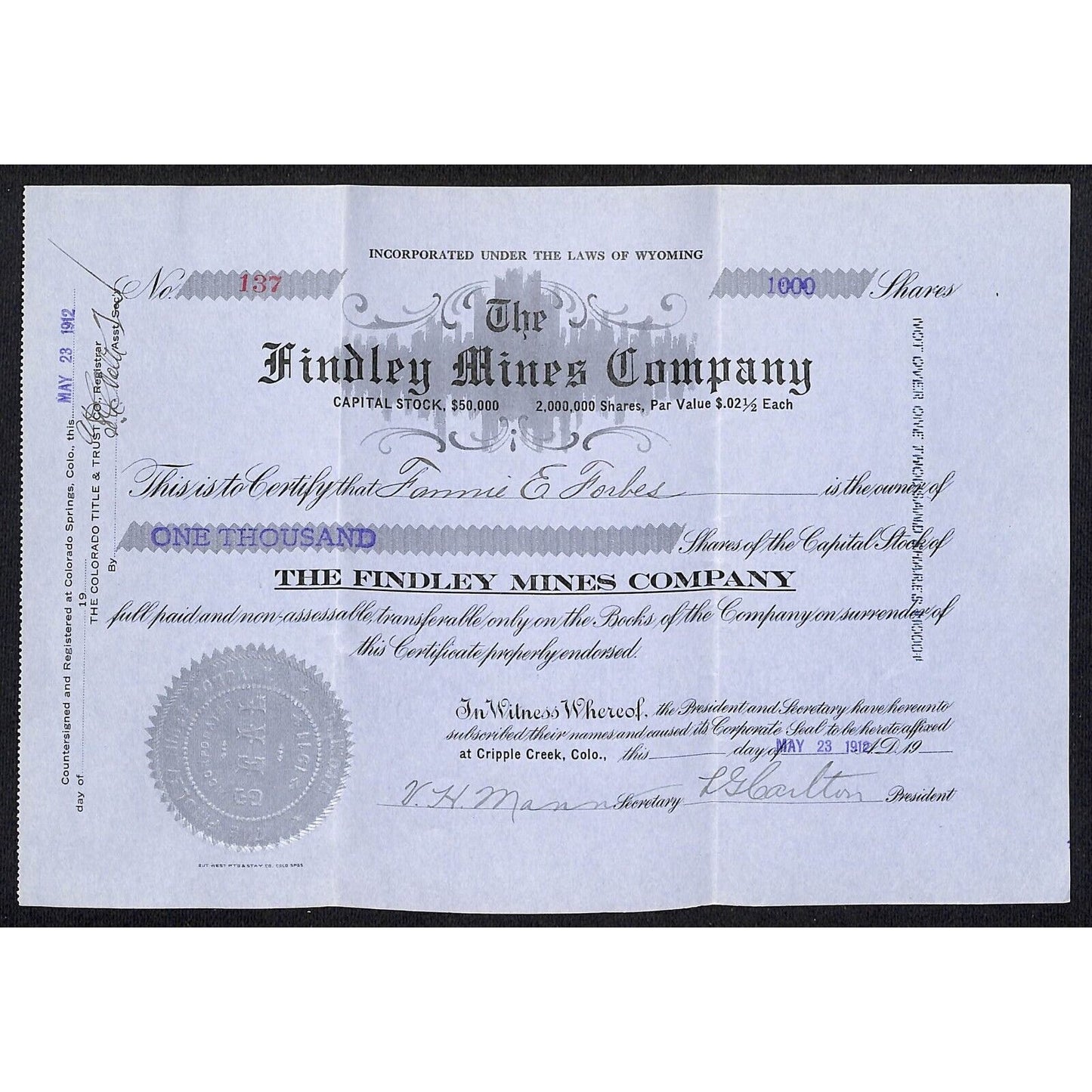 Findley Mines Co. 1912 Cripple Creek Stock Certificate w/ L.G. Carlton Sig. #137