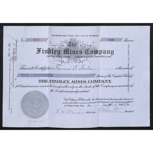 Findley Mines Co. 1912 Cripple Creek Stock Certificate w/ L.G. Carlton Sig. #137
