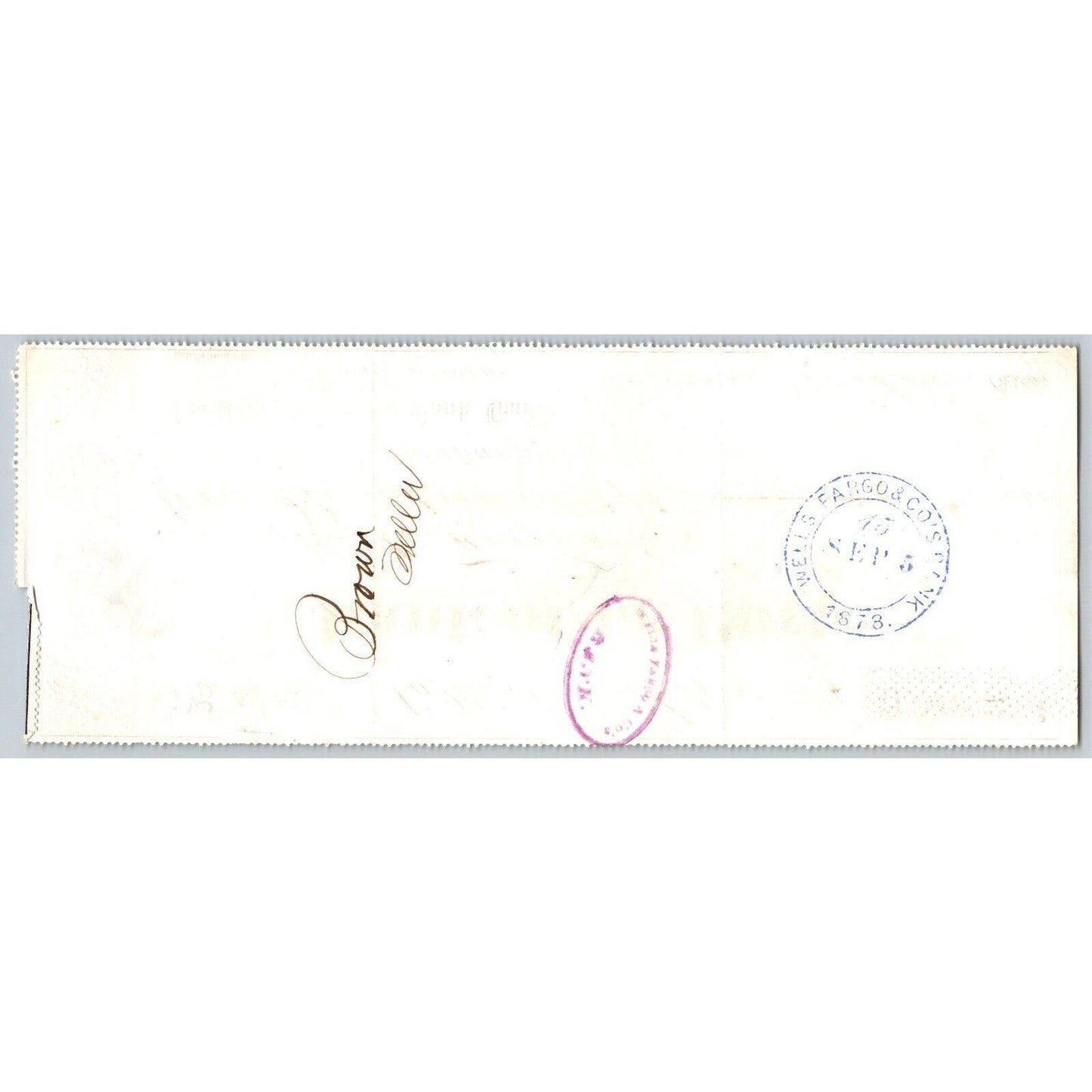 Bank of La Porte Check Wells Fargo 1878 Mining Vignette RN-G1 Rev Stamp #4386
